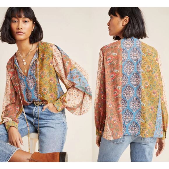 Anthropologie Iliana Floral Patchwork Ruffle Trim Boho Blouse Blue Multi XS - Picture 1 of 4